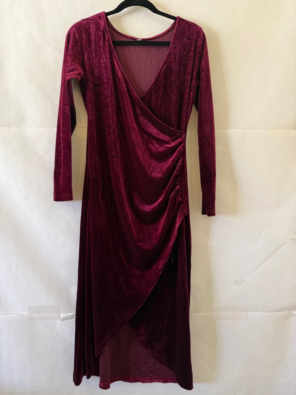 Burgundy Velour Midi Dress Size L Long Sleeve Faux Wrap V Neck Vampy Whimsigoth